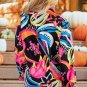 Black Abstract Print Ruffled Sleeve Buttoned V Neck Blouse