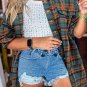 Green Plaid Long Sleeeve Side Split Distressed Hem Shirt