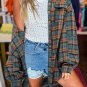 Green Plaid Long Sleeeve Side Split Distressed Hem Shirt