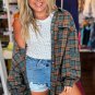 Green Plaid Long Sleeeve Side Split Distressed Hem Shirt