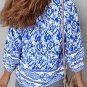 Blue Boho Printed 3/4 Sleeve Tied Neck Blouse