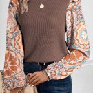 Coffee Ruffled Floral Sleeve Patchwork Waffle Knit O Neck Blouse