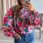 Red Floral Printed Balloon Sleeve Half Buttons Blouse