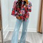 Red Floral Printed Balloon Sleeve Half Buttons Blouse