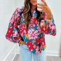 Red Floral Printed Balloon Sleeve Half Buttons Blouse