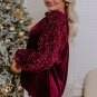 Red Dahlia Sequin Patchwork Sleeve Button Up Velvet Top