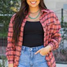Red Plaid Long Sleeeve Side Split Distressed Hem Shirt