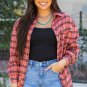 Red Plaid Long Sleeeve Side Split Distressed Hem Shirt