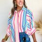Pink Stripe 3/4 Sleeve Button Up Casual Shirt