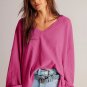 Bright Pink Waffle V Neck Long Sleeve Drop Shoulder Loose Blouse