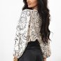Beige Abstract Print Balloon Sleeve Crew Neck Blouse