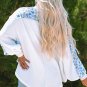 White Abstract Floral Patchwork Batwing Sleeve V Neck Blouse
