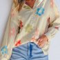 Apricot Stripe Flower Print Collared Button-up Loose Fit Shirt