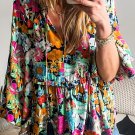 Multicolour Floral Print Bubble Sleeve V Neck Ruffled Blouse