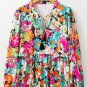 Multicolour Floral Print Bubble Sleeve V Neck Ruffled Blouse