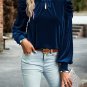 Sky Blue Fiery Mock Neck Puff Sleeve Velvet Blouse