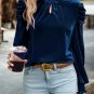 Sky Blue Fiery Mock Neck Puff Sleeve Velvet Blouse