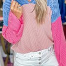 Pink Color Block Patchwork Corded Knit Loose Fit Hooded Blouse