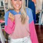 Pink Color Block Patchwork Corded Knit Loose Fit Hooded Blouse