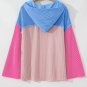 Pink Color Block Patchwork Corded Knit Loose Fit Hooded Blouse