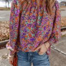 Purple Floral Allover Print Shirred Cuff Frilled O Neck Blouse