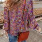 Purple Floral Allover Print Shirred Cuff Frilled O Neck Blouse