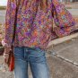 Purple Floral Allover Print Shirred Cuff Frilled O Neck Blouse