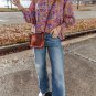 Purple Floral Allover Print Shirred Cuff Frilled O Neck Blouse