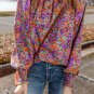Purple Floral Allover Print Shirred Cuff Frilled O Neck Blouse
