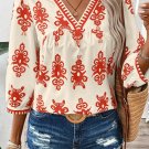 Orange Vintage Geometric Printed 3/4 Sleeve V Neck Blouse
