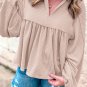 Parchment Corded Turn-down V Neck Bubble Sleeve Babydoll Blouse