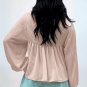 Parchment Corded Turn-down V Neck Bubble Sleeve Babydoll Blouse