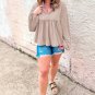 Parchment Corded Turn-down V Neck Bubble Sleeve Babydoll Blouse