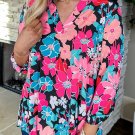 Pink Floral V Neck Roll Tab Sleeve Blouse