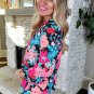 Pink Floral V Neck Roll Tab Sleeve Blouse