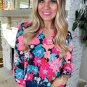 Pink Floral V Neck Roll Tab Sleeve Blouse