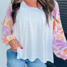 White Tropical Leaf Printed Patchwork Sleeve Round Neck Top