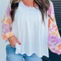 White Tropical Leaf Printed Patchwork Sleeve Round Neck Top