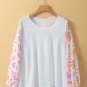 White Tropical Leaf Printed Patchwork Sleeve Round Neck Top