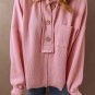 Pink Ribbed Knit Collared Henley Top with Chest Pocket