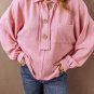 Pink Ribbed Knit Collared Henley Top with Chest Pocket