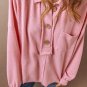 Pink Ribbed Knit Collared Henley Top with Chest Pocket