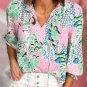 Green Floral Print V Neck Tied Loose Blouse