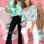 Green Floral Print V Neck Tied Loose Blouse