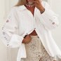 White Floral Embroidered Puff Sleeve Eyelet Patchwork Shirt