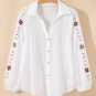 White Floral Embroidered Puff Sleeve Eyelet Patchwork Shirt