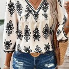 Beige Vintage Geometric Printed 3/4 Sleeve V Neck Blouse