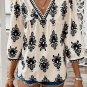 Beige Vintage Geometric Printed 3/4 Sleeve V Neck Blouse