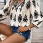 Beige Vintage Geometric Printed 3/4 Sleeve V Neck Blouse