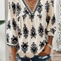 Beige Vintage Geometric Printed 3/4 Sleeve V Neck Blouse